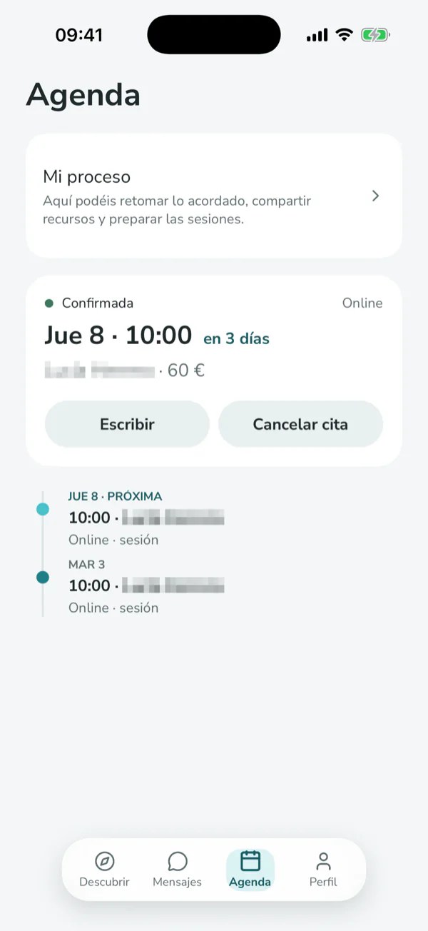 Pantalla de l’app: agenda amb la propera cita confirmada i les sessions anteriors.