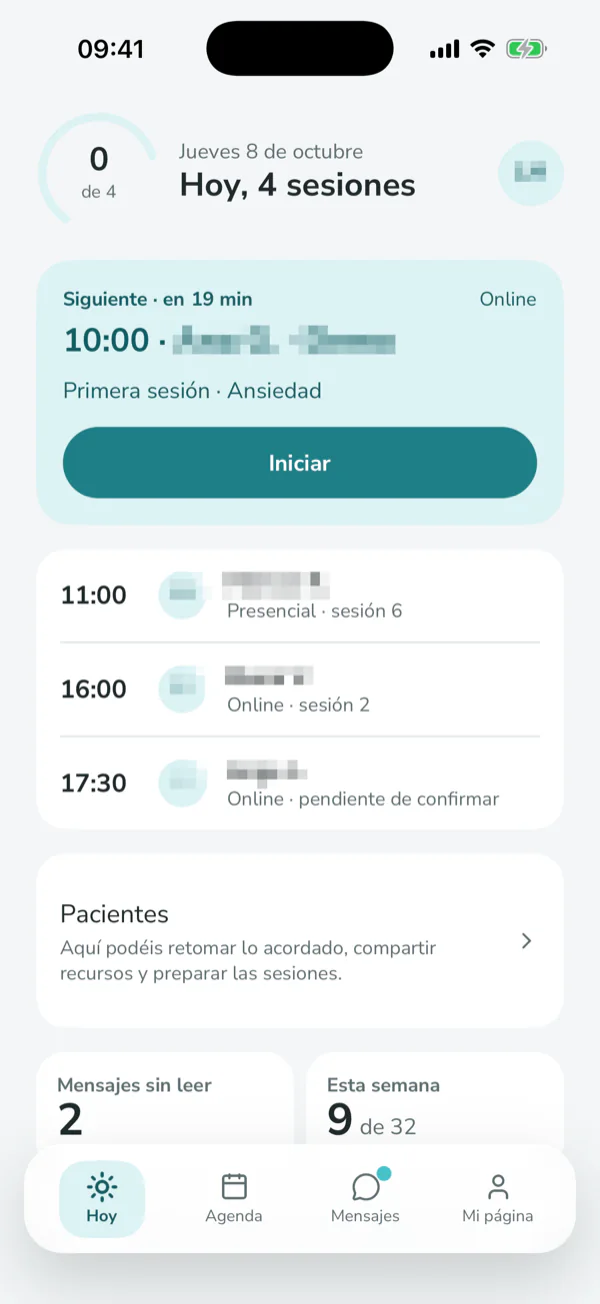 Pantalla de l’app: el dia del professional amb la propera sessió, l’agenda del dia, missatges sense llegir i sessions de la setmana.