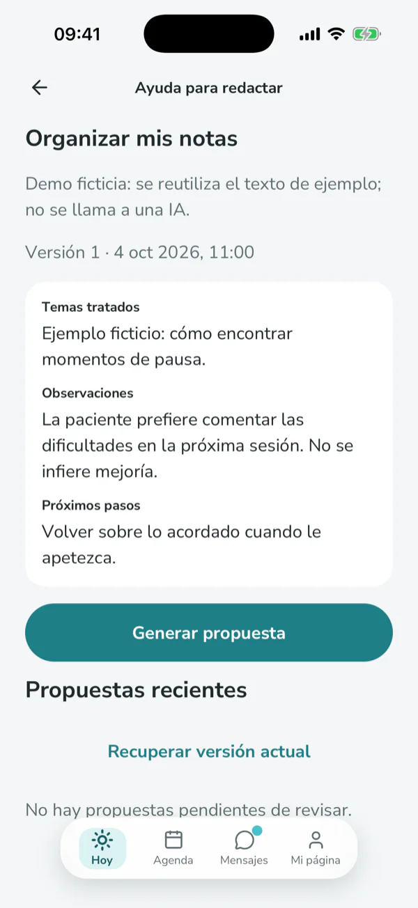 Pantalla de l’app: ajuda per redactar, amb els camps de la sessió i el botó de generar proposta.