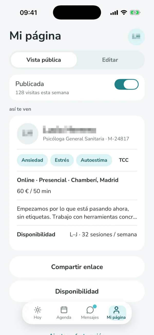 Pantalla de l’app: la pàgina pública del professional, amb el seu estat de publicació, les visites de la setmana i la fitxa tal com la veuen els pacients.